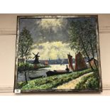 Continental school - oil on canvas depicting a windmill and boats at sunset