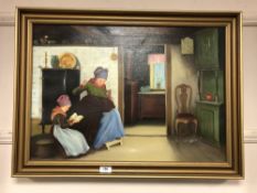 Continental school - oil on canvas depicting a mother and child reading and sewing