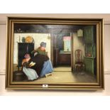 Continental school - oil on canvas depicting a mother and child reading and sewing