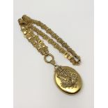 An antique yellow metal pearl and diamond locket and necklace, 38.1g.
