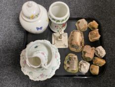 A tray of eleven Lilliput lane ornaments, Aynsley lidded vase,