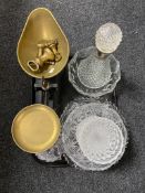 A tray of assorted glass, decanter, bowls, seal ornament and pup,