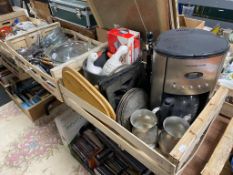 Two crates of pyrex, utensils, mug tree,