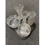 A tray of cut glass vases and bowls