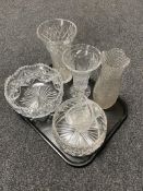 A tray of cut glass vases and bowls