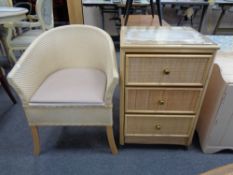 A bamboo and wicker three drawer chest together with a loom commode chair