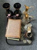 A tray of antique hand painted glass claret jugs, decanter and six liqueur glasses,