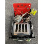 A tray of Brevel toaster, pans, kitchen utencils,