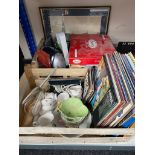 Two crates of assorted electricals, china,