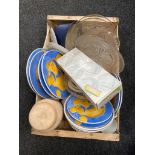 A box of china plates, pressed glass comport,