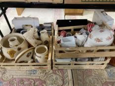 Three crates of china, dinner ware, kitchen storage jars and mugs,