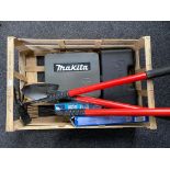 A box of small quantity of tools, Black & Decker cordless screw drill, Makita drill,
