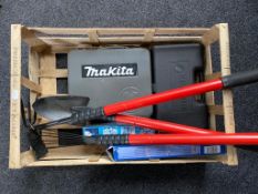 A box of small quantity of tools, Black & Decker cordless screw drill, Makita drill,