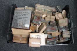 A crate of antique printing blocks relating to Newcastle upon Tyne