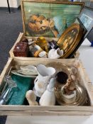 Two boxes of china, glass ware, gilt framed oil,