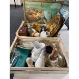 Two boxes of china, glass ware, gilt framed oil,