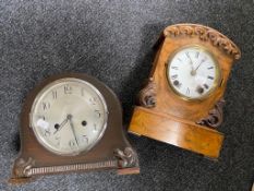 An Edwardian walnut cased mantel clock with battery movement,