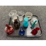 A tray of assorted glass, hand painted cranberry glass jug, crystal,
