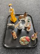 A tray of ornaments, figures, Nao goose, Royal Doulton snowman, Coalport Patricia,