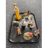 A tray of ornaments, figures, Nao goose, Royal Doulton snowman, Coalport Patricia,
