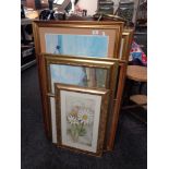 Five assorted gilt framed prints and an oak framed mirror