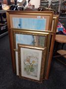 Five assorted gilt framed prints and an oak framed mirror