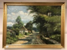 Continental school - oil on canvas depicting a thatched cottage by a country track