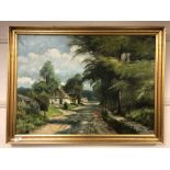 Continental school - oil on canvas depicting a thatched cottage by a country track