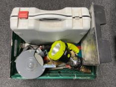 A box of performance bench grinder, hammer drill, paint roller sleeves, torch,