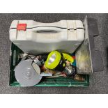 A box of performance bench grinder, hammer drill, paint roller sleeves, torch,