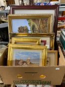 A box of pictures and prints, Margaret Pemberton oils on board, map of Durham,