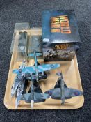 A tray of WWII DVD collectors edition boxed sets, seven die cast and plastic military vehicles,