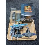 A tray of WWII DVD collectors edition boxed sets, seven die cast and plastic military vehicles,