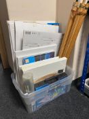 A box of art supplies, canvas, papers, easel, brushes,