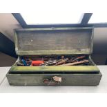 A joiner's tool box containing hand tools