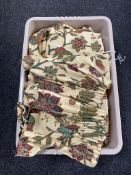 A box of pair of floral curtains with pelmets and tie backs