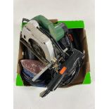 A box of assorted power tools, Hitachi circular saw, Black and Decker sander,