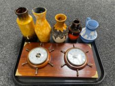 A miniature Oriental camphor wood box containing pill boxes, watches, thimble, Wedgwood jug,