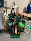 A large quantity of gardening tools, kneeler, trolley, bathroom cabinet, framed mirror,