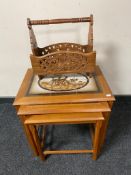 A nest of three Danish teak tiled tables and rustic magazine rack