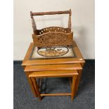 A nest of three Danish teak tiled tables and rustic magazine rack