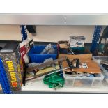 A quantity of assorted hardware and tools, laser level, mitre saw,