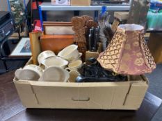 A box of knife block and knives, tea box, Kiln craft kitchen ware, telephone,