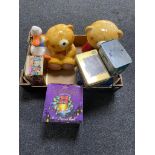 A box of teddy cookie jars, Ringtons tea light,