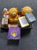 A box of teddy cookie jars, Ringtons tea light,