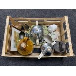 A box of glazed stoneware flagon, ten kilo weight, four piece mid century tea service,