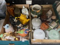 A box and crate of assorted china, tureens, novelty tea pots,