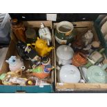 A box and crate of assorted china, tureens, novelty tea pots,