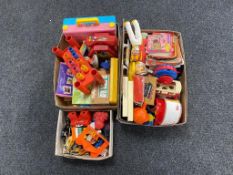 Two boxes of vintage children's toys, stereo viewer, jigsaws,