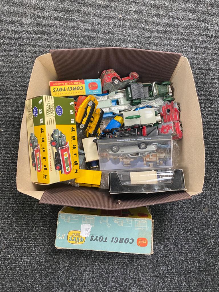 A box of mid 20th century and later die cast vehicles to include Corgi steam shovel and transporter